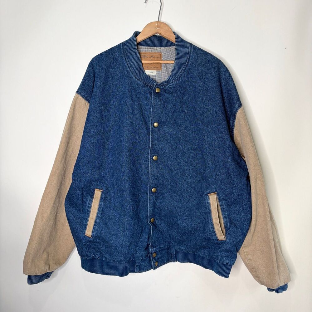 Vintage Three Rivers Denim Varsity Bomber Jacket Blue Tan Sleeves Made In USA XL